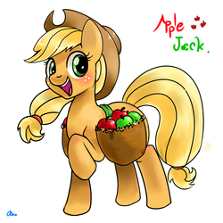 Size: 2300x2300 | Tagged: dead source, safe, artist:renokim, applejack, earth pony, pony, g4, apple, applejack's hat, blushing, cowboy hat, female, freckles, happy, hat, mare, open mouth, open smile, raised hoof, saddle bag, signature, simple background, smiling, solo, white background