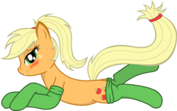 Size: 5687x3578 | Tagged: safe, artist:zuko42, applejack, earth pony, pony, g4, absurd resolution, alternate hairstyle, blushing, clothes, female, grin, lip bite, looking at you, mare, ponytail, prone, simple background, smiling, smiling at you, socks, solo, transparent background