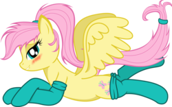 Size: 5386x3365 | Tagged: dead source, safe, artist:zuko42, fluttershy, pegasus, pony, g4, alternate hairstyle, blushing, clothes, female, lip bite, ponytail, simple background, socks, solo, transparent background