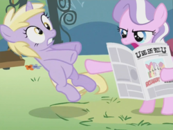 Size: 759x572 | Tagged: safe, screencap, diamond tiara, dinky hooves, g4, ponyville confidential, derp, foal free press, newspaper