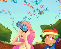 Size: 1500x1200 | Tagged: safe, artist:ric-m, discord, fluttershy, rainbow dash, butterfly, human, dragon quest, g4, binoculars, bored, butterfly migration, humanized, looking up, migration, one of these things is not like the others, scene interpretation, species swap