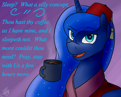 Size: 1024x819 | Tagged: safe, artist:tlatophat, princess luna, g4, coffee, female, fez, hat, solo