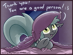 Size: 1600x1200 | Tagged: dead source, safe, artist:az-pekt, oc, oc only, oc:grey mouse, bat pony, pony, ask grey mouse, :3, bed, female, mare, solo, talking to viewer, underhoof