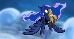 Size: 1500x792 | Tagged: safe, artist:secoh2000, princess luna, oc, oc:gari, children of the night, g4, filly, flying