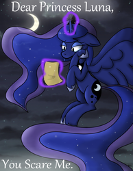 Size: 573x739 | Tagged: safe, artist:8-blit-poni, princess luna, g4, female, letter, moon, night, reading, sad, solo