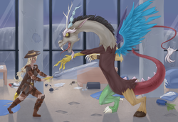 Size: 5100x3500 | Tagged: safe, artist:missangest, applejack, discord, g4, duo, fanfic, fight, humanized, scar, sword