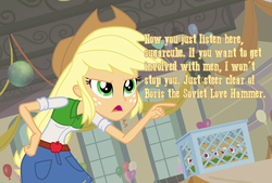 Size: 1280x867 | Tagged: safe, edit, edited screencap, screencap, applejack, equestria girls, g4, my little pony equestria girls, boris the soviet love hammer, female, image macro, solo