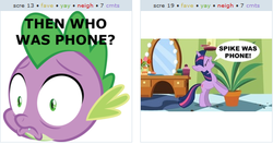 Size: 520x275 | Tagged: safe, spike, twilight sparkle, g4, exploitable meme, juxtaposition, juxtaposition win, meme, plot twist, then who was phone