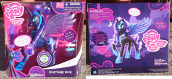 Size: 2560x1173 | Tagged: safe, artist:irlponies, nightmare moon, alicorn, pony, g4, official, box, electronic toy, female, hasbro, hasbro logo, irl, multilingual packaging, photo, pony talks, talking nightmare moon, toy