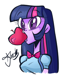 Size: 1067x1309 | Tagged: safe, artist:tychosexual, twilight sparkle, equestria girls, g4, my little pony equestria girls, apple, female, food, mouth hold, simple background, solo, white background