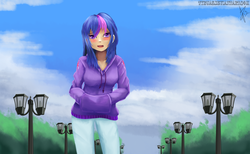 Size: 1300x800 | Tagged: safe, artist:sonicrainboom93, twilight sparkle, human, g4, clothes, female, humanized, lamp, park, solo, sweater