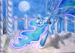 Size: 2515x1787 | Tagged: safe, artist:iceminth, princess luna, g4, balcony, female, moon, night, solo, traditional art