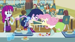 Size: 1280x720 | Tagged: safe, screencap, fluttershy, normal norman, photo finish, twilight sparkle, equestria girls, g4, my little pony equestria girls, burger, food, fruit salad, hamburger, jello, napkin, salad, spill, water