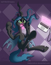 Size: 750x947 | Tagged: safe, artist:merionic, queen chrysalis, changeling, changeling queen, g4, chaberki, computer, cute, cutealis, female, laptop computer, love overload, solo