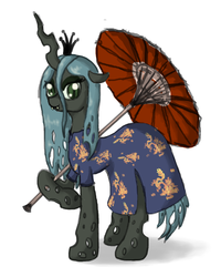 Size: 640x800 | Tagged: dead source, safe, artist:239asd, queen chrysalis, changeling, changeling queen, g4, chinese, clothes, dress, female, solo, umbrella