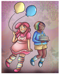 Size: 798x1000 | Tagged: safe, artist:friggingodess, pinkie pie, rainbow dash, human, g4, balloon, cake, dark skin, humanized, undercut