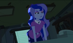 Size: 1568x940 | Tagged: safe, screencap, princess luna, vice principal luna, equestria girls, g4, my little pony equestria girls, female, frown, leaning, lidded eyes, luna is not amused, luna's office, solo, unamused