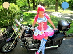 Size: 2640x1980 | Tagged: safe, artist:bewitchedraven, pinkie pie, human, g4, clothes, cosplay, irl, irl human, motorcycle, photo, socks, solo, striped socks