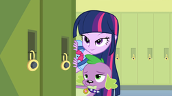 Size: 1226x686 | Tagged: safe, screencap, spike, twilight sparkle, dog, equestria girls, g4, my little pony equestria girls, duo, peeping twilight, reaction image, spike the dog