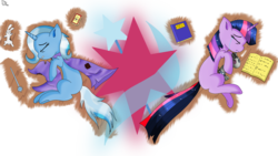 Size: 1920x1080 | Tagged: safe, artist:thetelfeu, smarty pants, trixie, twilight sparkle, g4, card, crying, filly, sad, wand