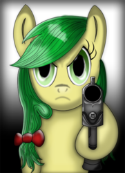 Size: 400x551 | Tagged: safe, artist:toastedgloves, apple fritter, g4, apple family member, female, gun, pistol, solo