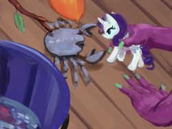 Size: 800x600 | Tagged: safe, artist:spectralunicorn, rarity, scootaloo, spike, g4, doll, playing, rarity fighting a giant crab, toy