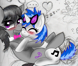 Size: 965x827 | Tagged: safe, artist:wolfgrrrl22, dj pon-3, octavia melody, pinkie pie, vinyl scratch, g4, blushing, female, heart, hug, lesbian, ship:scratchtavia, shipping