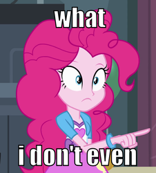 Size: 543x600 | Tagged: safe, edit, edited screencap, screencap, pinkie pie, equestria girls, g4, my little pony equestria girls, cropped, female, image macro, meme, pointing, reaction image, solo, wat