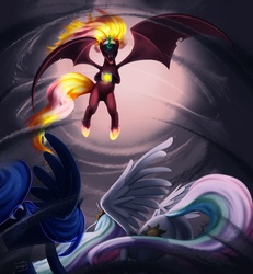 Size: 3600x3900 | Tagged: safe, artist:forgotten-wings, princess celestia, princess luna, sunset shimmer, pony, g4, backlighting, epic, fight, ponified, sunset satan, trio