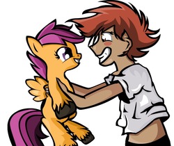 Size: 1051x882 | Tagged: safe, artist:toastedgloves, scootaloo, human, pony, g4, blushing, cowboy bebop, crossover, cute, edward wong hau pepelu tivrusky iv, holding a pony, hooves, smiling, unshorn fetlocks