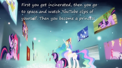 Size: 800x445 | Tagged: safe, edit, edited screencap, screencap, applejack, fluttershy, pinkie pie, princess celestia, rarity, twilight sparkle, alicorn, pony, unicorn, g4, magical mystery cure, ascension realm, duo, ethereal mane, female, insane pony thread, mare, princess celestia's special princess making dimension, unicorn twilight, void, youtube