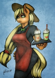 Size: 634x900 | Tagged: safe, artist:rayzor-sharp, applejack, anthro, apron, bowtie, breasts, busty applejack, carrying, clothes, drink, female, solo, waitress