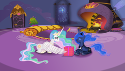 Size: 3000x1688 | Tagged: safe, artist:persianpoetess, princess celestia, princess luna, g4, birthday present