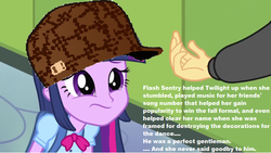 Size: 639x361 | Tagged: safe, flash sentry, twilight sparkle, equestria girls, g4, my little pony equestria girls, hat, meta, scumbag hat, scumbag twilight, text