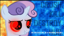 Size: 484x271 | Tagged: artist needed, safe, sweetie belle, pony, robot, unicorn, g4, bust, female, filly, foal, glowing eyes, horn, portrait, red eyes, smiling, solo, special eyes, sweetie bot, teeth, text