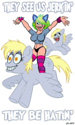 Size: 542x900 | Tagged: safe, artist:curtsibling, derpy hooves, oc, oc:jerky hooves, oc:pegaslut, pegasus, pony, g4, awesome face, female, mare