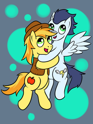 Size: 3000x4000 | Tagged: safe, artist:wolferahm, braeburn, soarin', earth pony, pegasus, pony, g4, gay, happy, hug, male, ship:soarburn, shipping