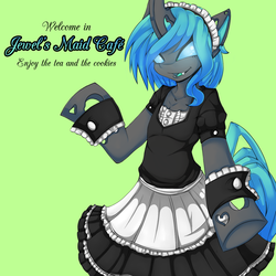 Size: 1200x1200 | Tagged: safe, artist:rainbowscreen, oc, oc only, oc:jewel, changeling, changeling queen, semi-anthro, arm hooves, bipedal, blue changeling, changeling oc, changeling queen oc, clothes, female, maid, solo