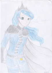 Size: 2512x3484 | Tagged: safe, artist:hoffner, princess luna, human, g4, cape, clothes, female, humanized, simple background, smiling, solo, traditional art, uniform