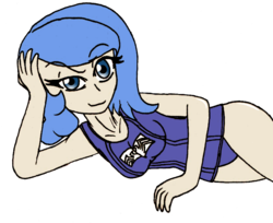 Size: 838x683 | Tagged: safe, artist:dankodeadzone, princess luna, human, g4, clothes, female, humanized, intrigued, one-piece swimsuit, school swimsuit, simple background, smiling, smirk, solo, swimsuit