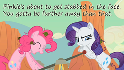 Size: 1280x720 | Tagged: safe, edit, edited screencap, screencap, pinkie pie, rarity, g4, the last roundup, caption, hand car, insane pony thread, messy mane, stabbing, tumblr