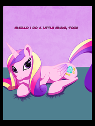 Size: 800x1061 | Tagged: safe, artist:idle hooves, princess cadance, comic:saturday night, g4, bedroom eyes, comic, female, looking at you, male, missing accessory, prone, shipping, smiling, solo, straight