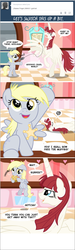 Size: 651x2161 | Tagged: safe, artist:sketchyjackie, derpy hooves, oc, oc:fausticorn, pony, g4, ask, badge, bipedal, comic, cork gun, cute, daaaaaaaaaaaw, derpabetes, female, filly, filly derpy, filly derpy hooves, food, kitchen, lauren faust, muffin, my little filly, playing dead, ponified, roleplaying, speech bubble, stars, tumblr, younger