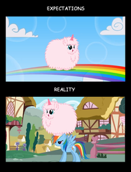 Size: 700x919 | Tagged: safe, rainbow dash, oc, oc:fluffle puff, pegasus, pony, unicorn, pink fluffy unicorns dancing on rainbows, g4, meme, ponyville, rainbow dash is not amused, sky, unamused