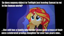 Size: 1920x1080 | Tagged: safe, princess luna, sunset shimmer, vice principal luna, equestria girls, g4, my little pony equestria girls, begging, fridge logic, image macro, puppy dog eyes, sad, text