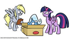 Size: 941x513 | Tagged: safe, artist:egophiliac, derpy hooves, trixie, twilight sparkle, alicorn, pegasus, pony, unicorn, tumblr:inconvenient trixie, g4, background pony, box, clipboard, delivery pony, female, inconvenient trixie, mare, scrunchy face, shipping of a different kind, simple background, tumblr, twilight sparkle (alicorn), twilight sparkle is not amused, unamused, white background, woonoggles