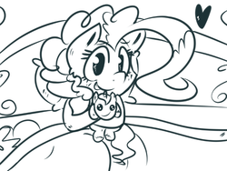 Size: 660x496 | Tagged: safe, artist:strabarybrick, pinkie pie, g4, bed, cute, female, grin, heart, hug, lineart, looking at you, monochrome, plushie, sketch, smiling, solo