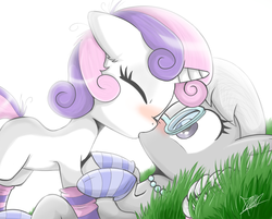 Size: 1007x811 | Tagged: safe, artist:the-butch-x, silver spoon, sweetie belle, earth pony, pony, unicorn, g4, blushing, clothes, duo, eyes closed, female, filly, foal, glasses, grass, jewelry, kiss on the lips, kissing, lesbian, necklace, on back, pearl necklace, ship:silverbelle, shipping, socks, striped socks, surprise kiss, surprised