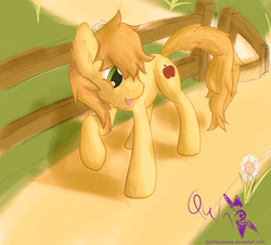 Size: 3150x2850 | Tagged: safe, artist:quinsapientae, braeburn, earth pony, pony, g4, fence, flower, male, solo, stallion