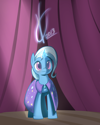 Size: 1600x2000 | Tagged: safe, artist:valcron, trixie, pony, unicorn, g4, female, hatless, mare, missing accessory, solo, spotlight, stage